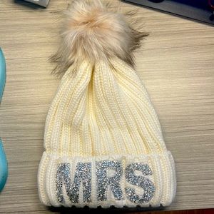 MRS. Cream colored faux fur Pom knit hat